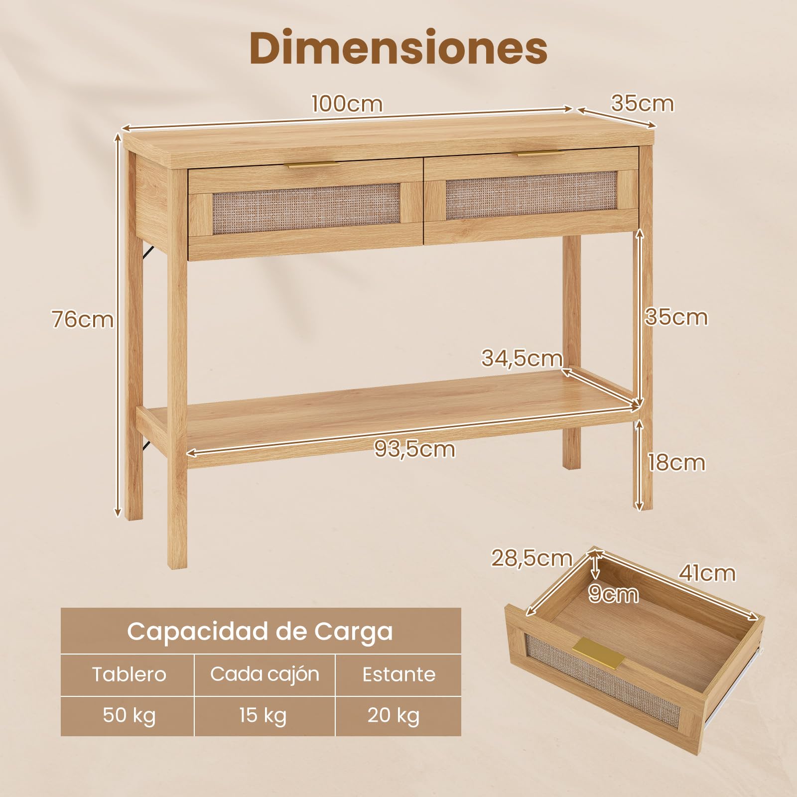 COSTWAY Mesa Consola Estrecha, Consola de Recibidor con 2 Cajones de Ratán, Estante de Almacenamiento Abierto, Kit Antivuelco, Mesa Auxiliar de Sofá para Entrada, Pasillo, 100 x 35 x 76 cm (Natural)