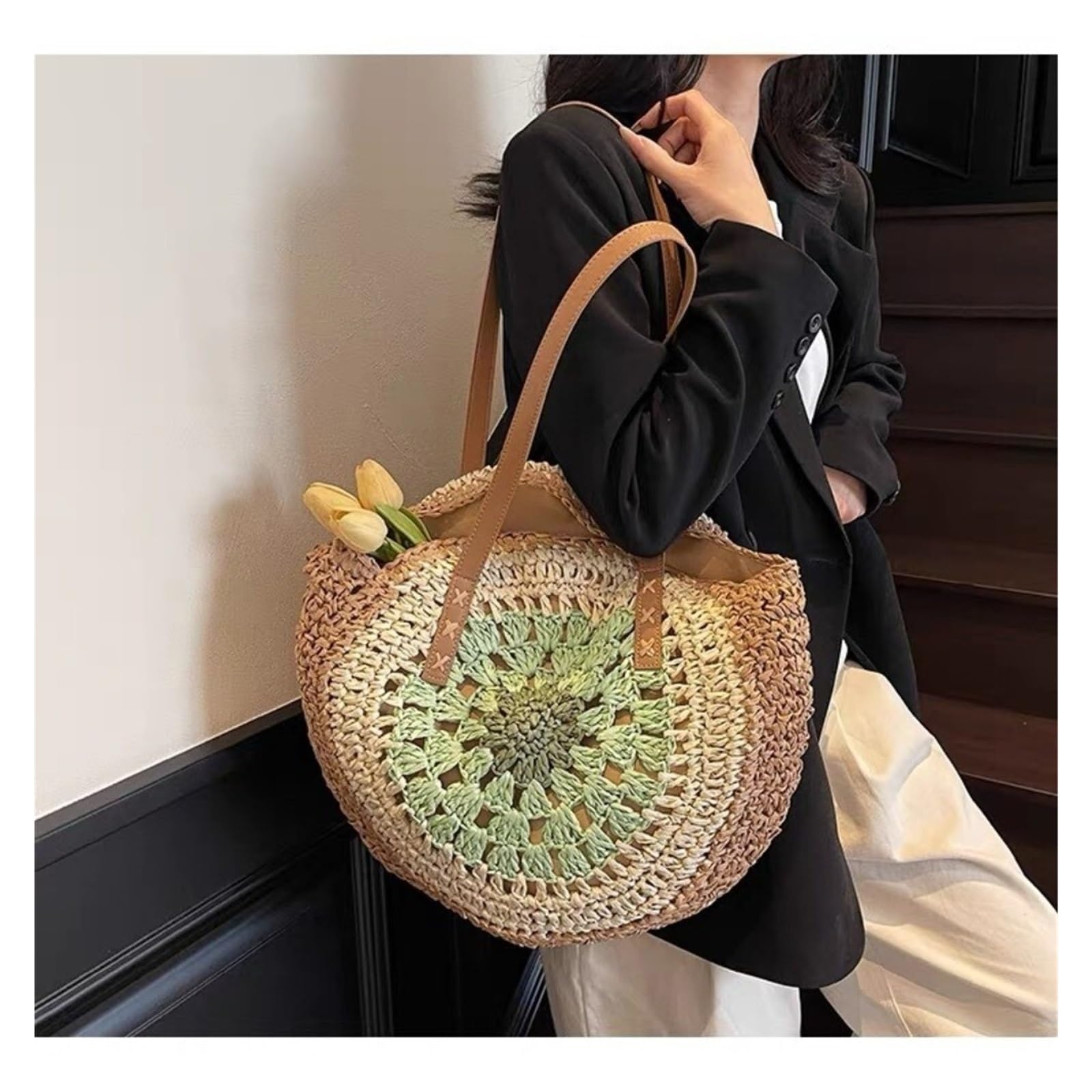 Borsa rotonda intrecciata in paglia Borsa a tracolla intrecciata in paglia stile bohémien
