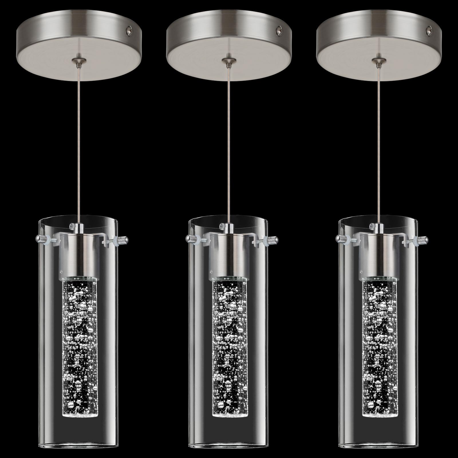 PNOUKF 3 Pack 1-Light Modern LED Pendant Light, Brushed Nickel Hanging Ceiling Fixture Mini Bedroom Bedside Table Small Chandelier with Clear Glass Shade, 6W 680Lumen 6500K