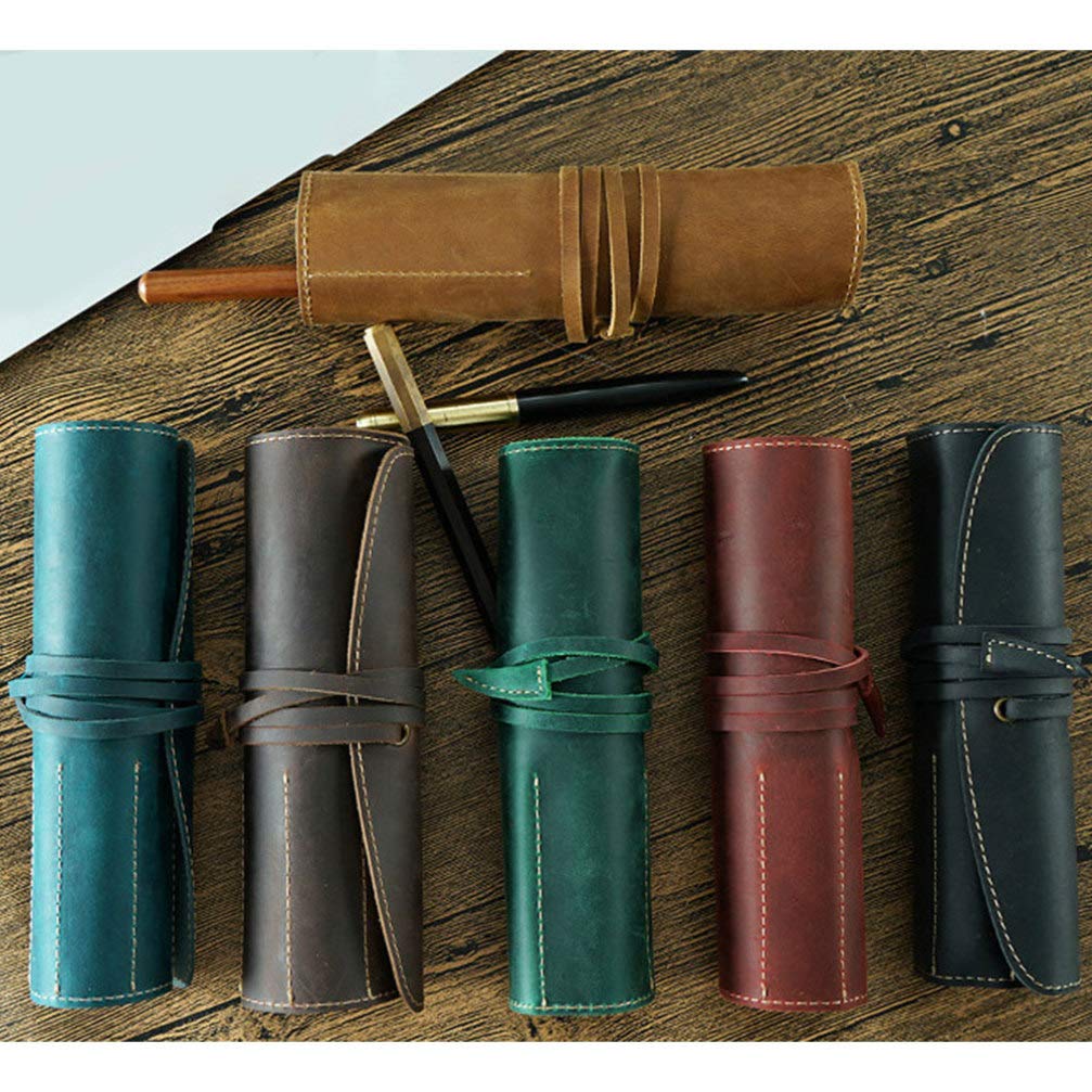 Operitacx Estuche De Piel De Vaca Enrollable Estilo Retro Vintage para Bolígrafos Lápices Plumas Estilográficas Portalápices Bolsa para Lápices