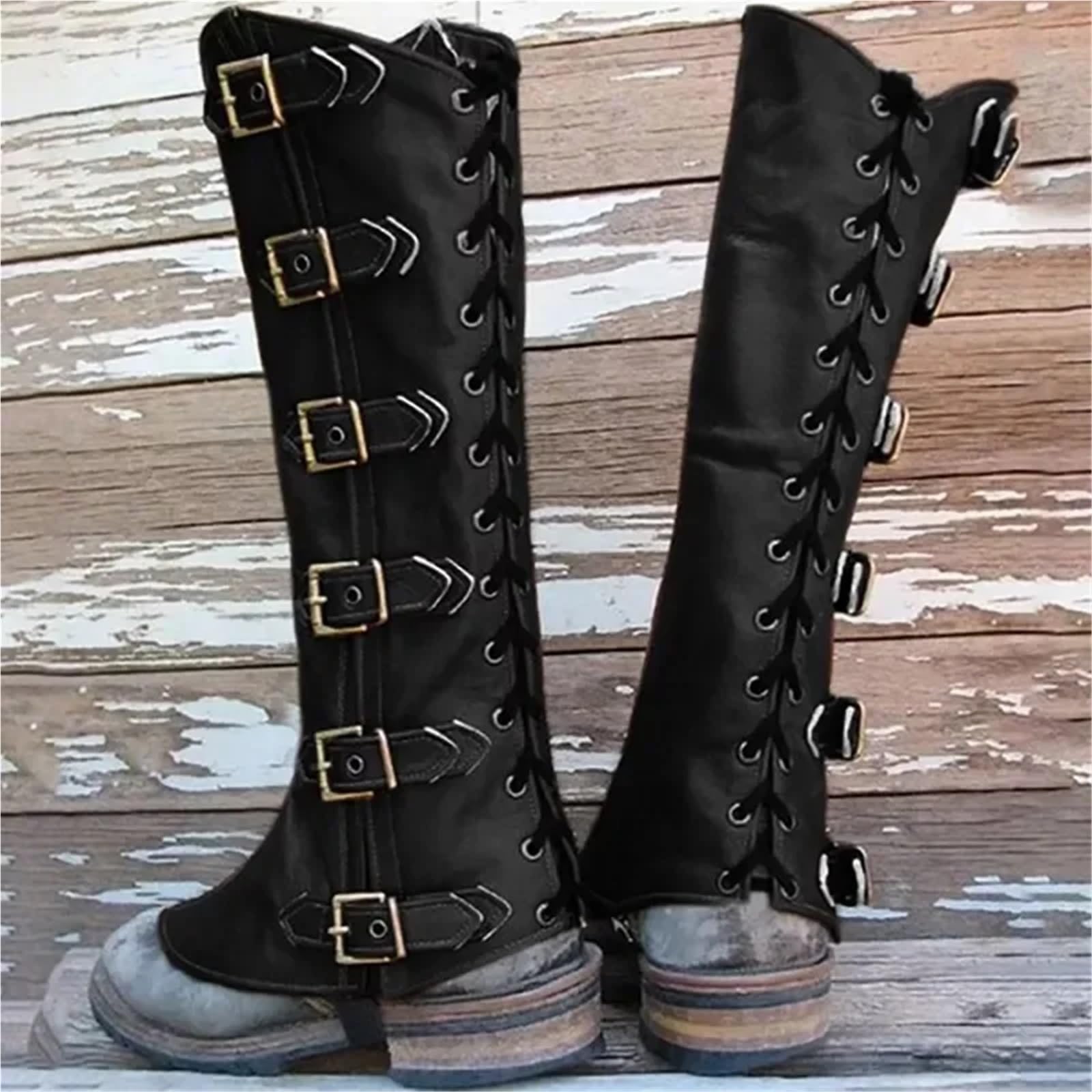 Beinschienen Mittelalter,Mittelalter Schuhe Mittelalterliche Ritter Leder Bein Rüstung Beinschienen Steampunk Stiefel Schuhe Abdeckung Gamasche for Männer Frauen(Black)