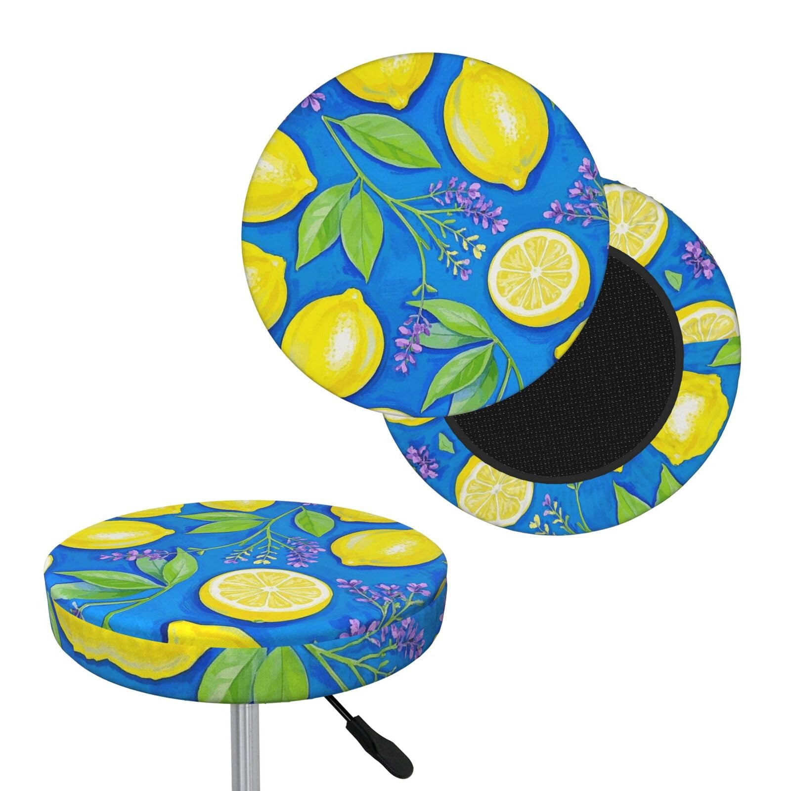 NONHAI Lemon Blue Yellow Boho Bar Stool Cover Round Elastic Stool Cushion Covers Dustproof Bar Chair Cover Washable Stool Cushion Slipcover Stretch Stool Seat Covers for 12-14 Inch Chair