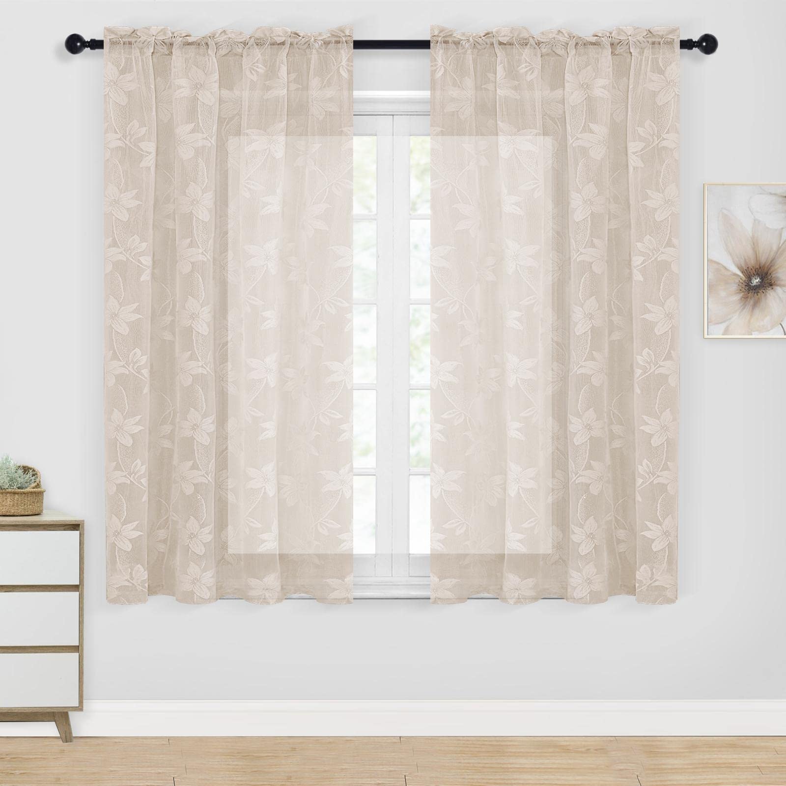 DWCN Beige Short Sheer Curtains for Kitchen - Floral Lace Design Rod Pocket Window Voile Sheer Drapes for Kitchen Living Room Window Curtain Panels 42
