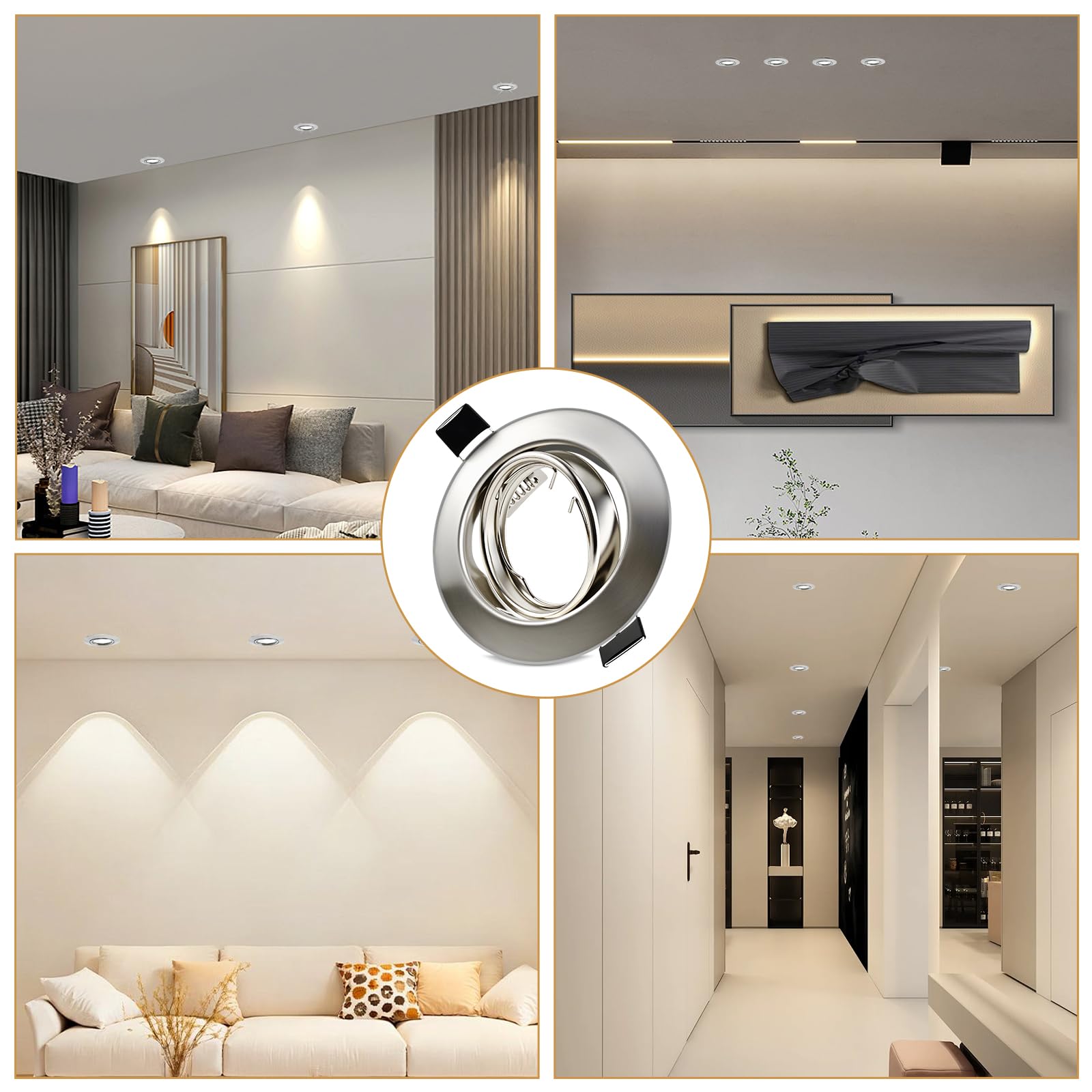 Marco Foco Empotrable GU10 Redondo Níquel Cepillado Metal, Incluye Zócalo GU10 Para Lámparas De Led O Halógena, Diseño Metálico Marco Empotrado Ojo de Buey - Aplicación en Sala, Cocina (Pack de 12)