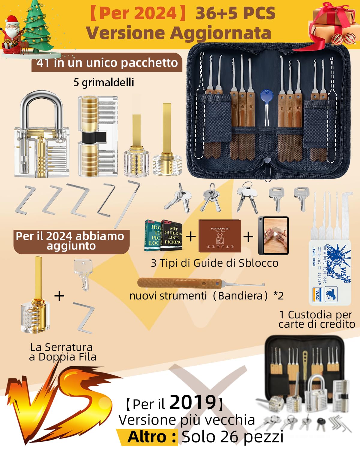 Eventronic 36+5 Pezzi Set Grimaldelli, [2025 Aggiungere Le Nuove Serrature Più Impegnative] Lockpicking Set con 5 Serrature Trasparenti, Manuale di Sblocco per Principianti e Fabbri Professionisti