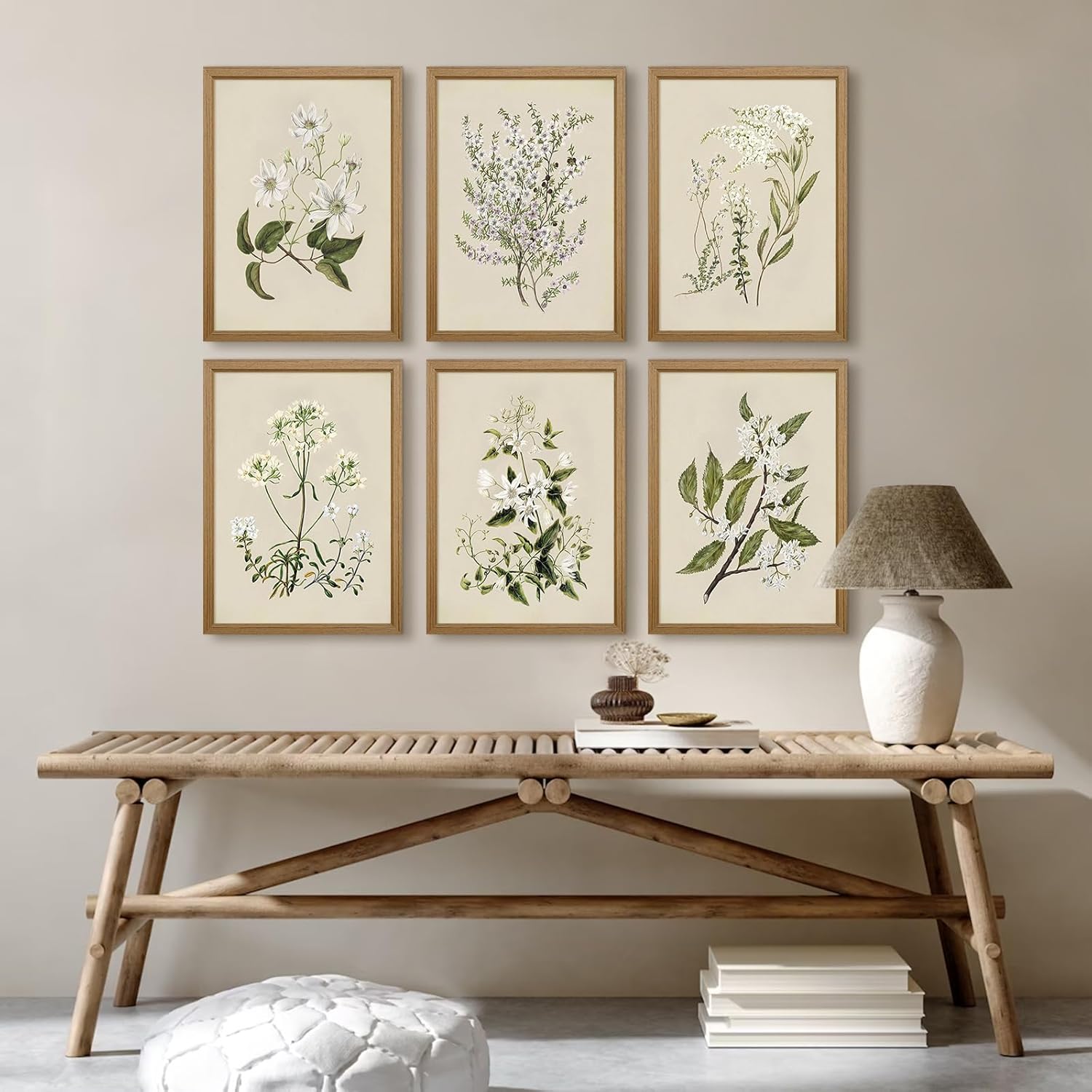 Baccone Vintage Botanical Wall Art Set of 6 Neutral Floral Canvas Wall Decor Wildflower Wall Art Watercolor Flower Prints Botanical Poster Minimalist Plant Pictures for Bedroom Room 12x16 Inch Framed
