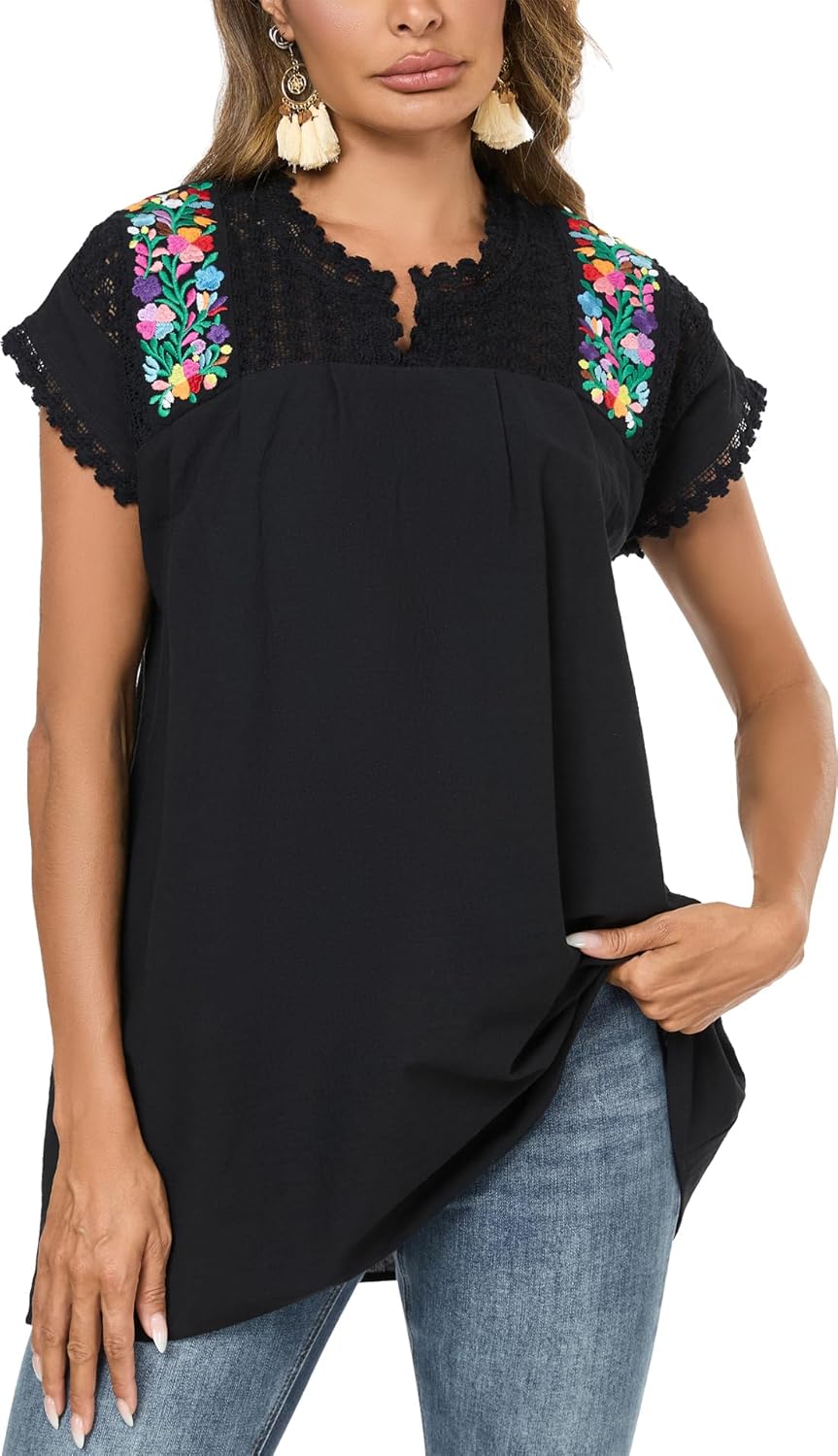 Mexican Shirts for Women Embroidered Tops Peasant Blouse Lace Tops White Short Sleeve Summer Floral V Neck T Shirt - Image 4