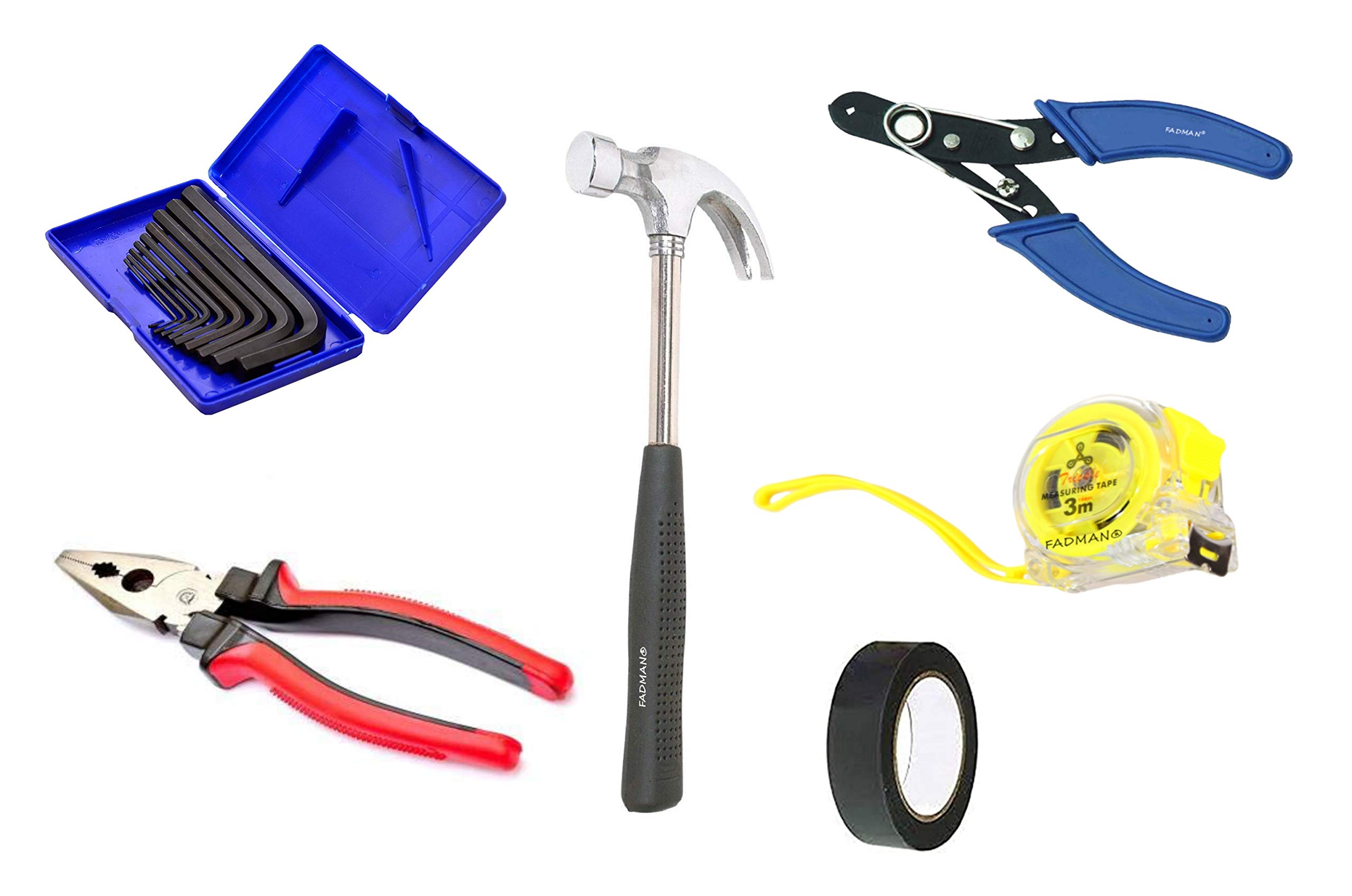 Fadman Hand Tool kit - Red Plier | Tape | Blue Allen Key | Measuring Tape 3 Meter | Claw Hammer | Wire Cutter |