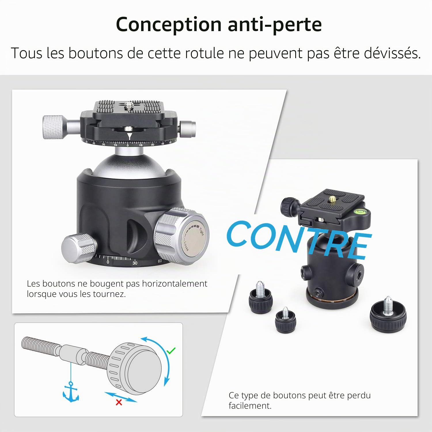 Rotule Robuste ARTCISE, tête de trépied panoramique à Profil Bas de 52 mm et 2 plaques de dégagement Rapide de 1/4 de Pouce pour trépied Coulissant caméscope Reflex numérique Charge maximale 30 kg