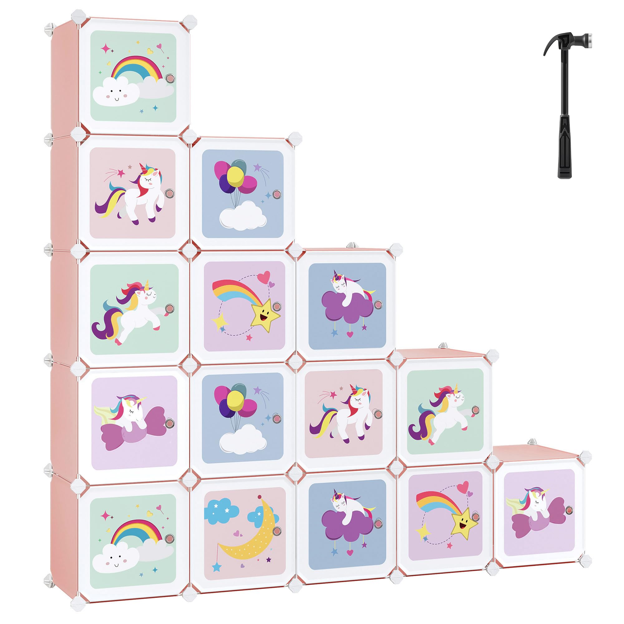 SONGMICS Armario Modular Infantil 16 Cubos, Organizador Plástico con Puertas, 123x31x123 cm, Rosa