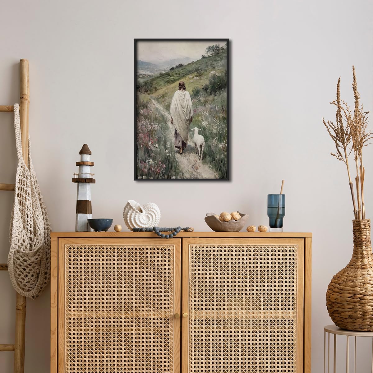 Black Framed Jesus Wall Art Shepherd Jesus Lamb Painting Poster For Church Wall Decor-Christian Art Canvas Prints Picture Hang To Home Living Room Bedroom Office