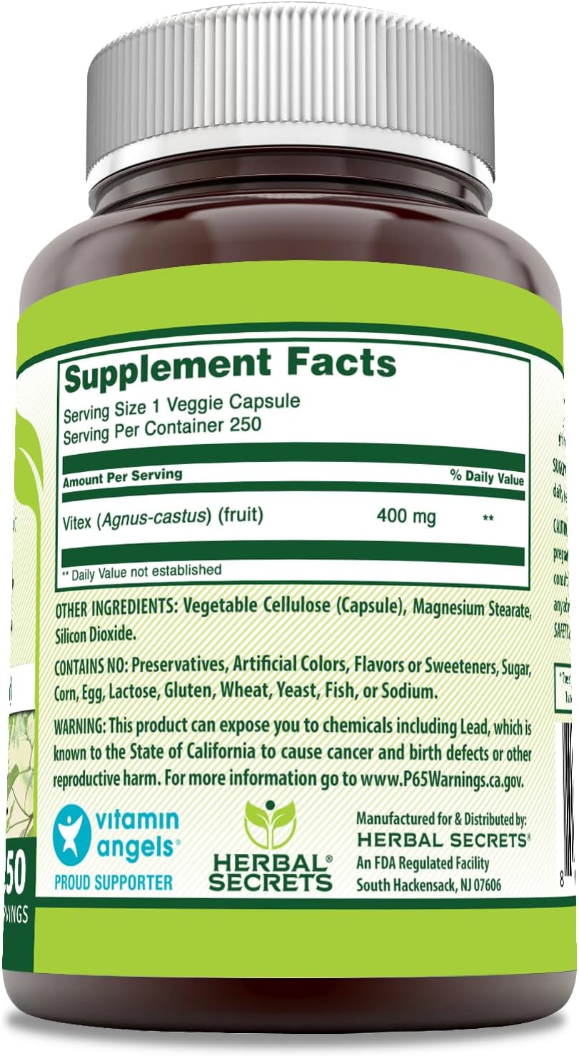 Herbal Secrets Vitex Fruit 400 mg 250 Veggie Capsules Supplement | Non-GMO | Gluten Free | Made in USA - Image 2