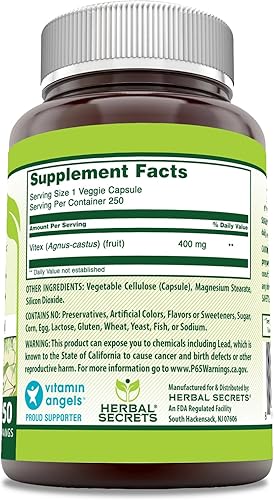 Miniatura 2 de Herbal Secrets Vitex Fruit 400 mg 250 cápsulas vegetales Suplemento Sin OMG Sin gluten Fabricado en Estados Unidos