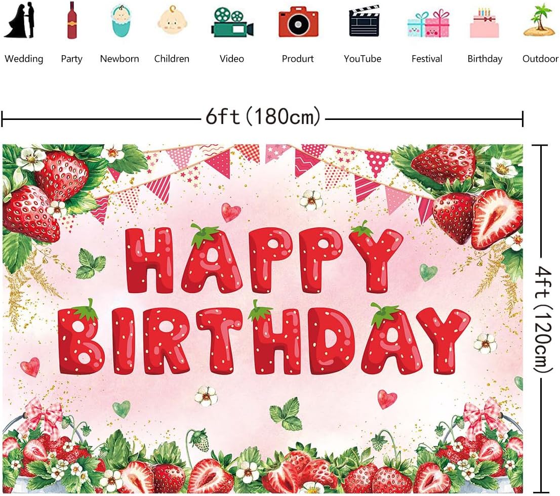 Strawberry Birthday Backdrop 7x5ft Strawberry Shortcake Party Background Berry Sweet One Girl Kids Happy Birthday Decorations Photo Banner Props Supplies (6x4FT)