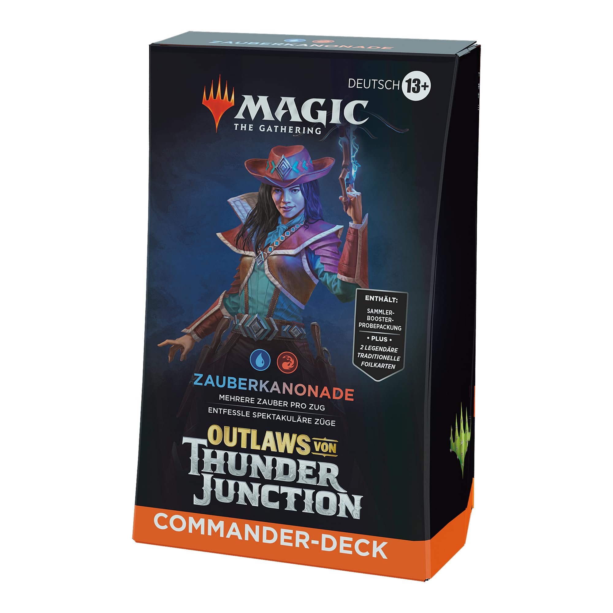 Magic: The Gathering – Outlaws von Thunder Junction Commander-Deck – Zauberkanonade (Deck mit 100 Karten, Sammler-Booster-Probepackung mit 2 Karten und Zubehör) (deutsche Version)