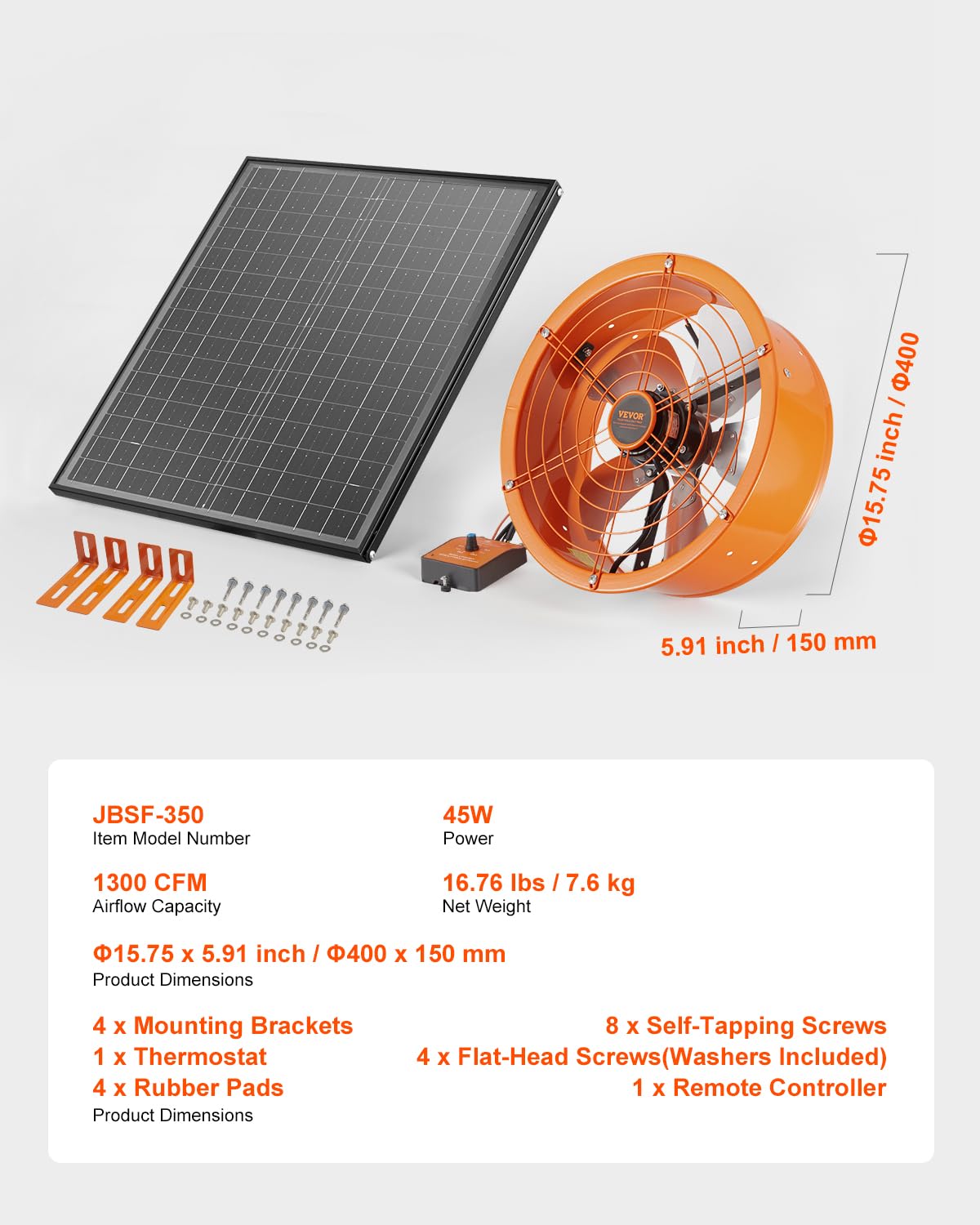VEVOR Ventilador de Montaje a Dos Aguas, Extractor de Aire Solar con Termostato Ajustable y Malla Exterior, 1300 CFM, Ventilación Silenciosa para Techo, Garaje, Tienda, Naranja, Φ 400 x 150 mm
