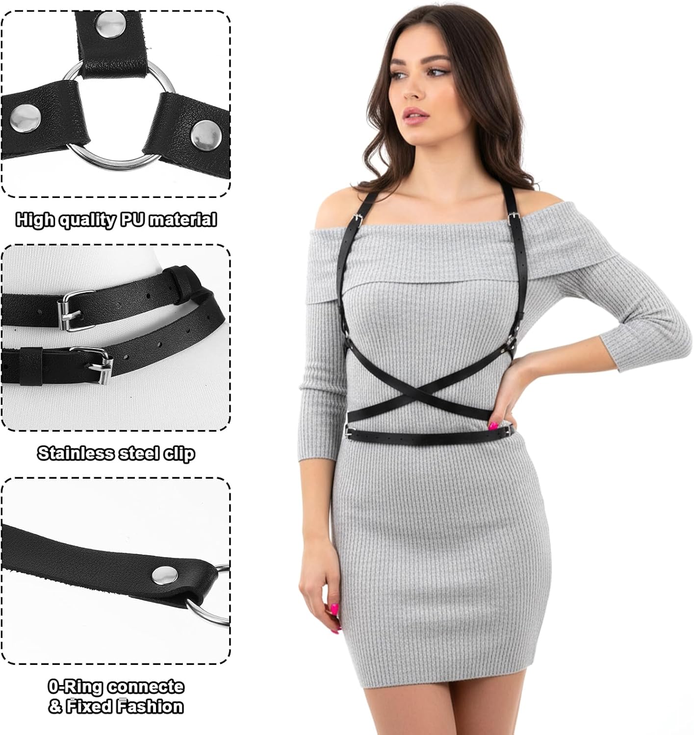 Punk Leather Harness Belt, PU Leather Punk Goth Body Belt for Women Adjustable Waist Harness Belts for Rave Halloween Dresses Party Accessories - Image 4