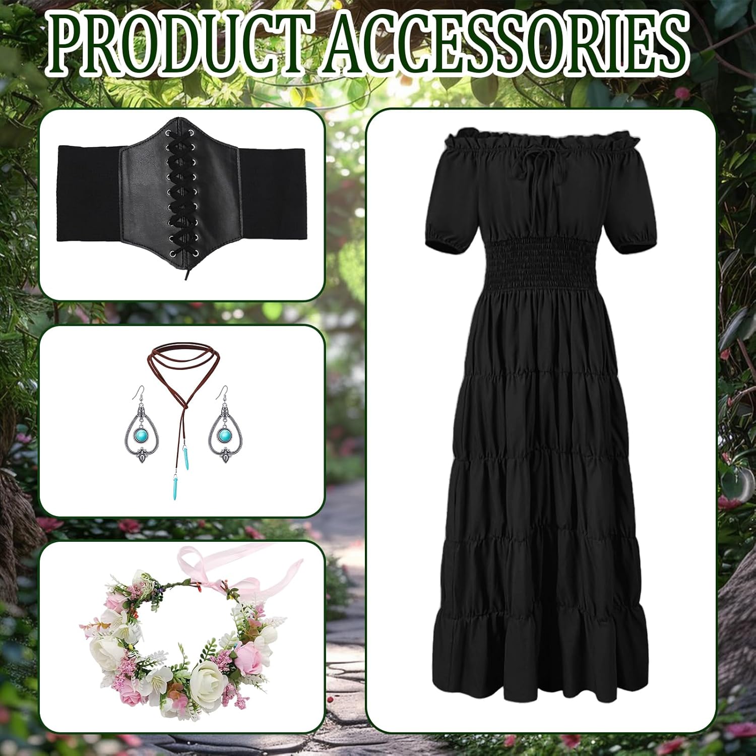 Renaissance Dress for Women Medieval Costume Fairy Dress Princess Fantasy Dress for Halloween Peasant Cottagecore 5Pcs - Image 2