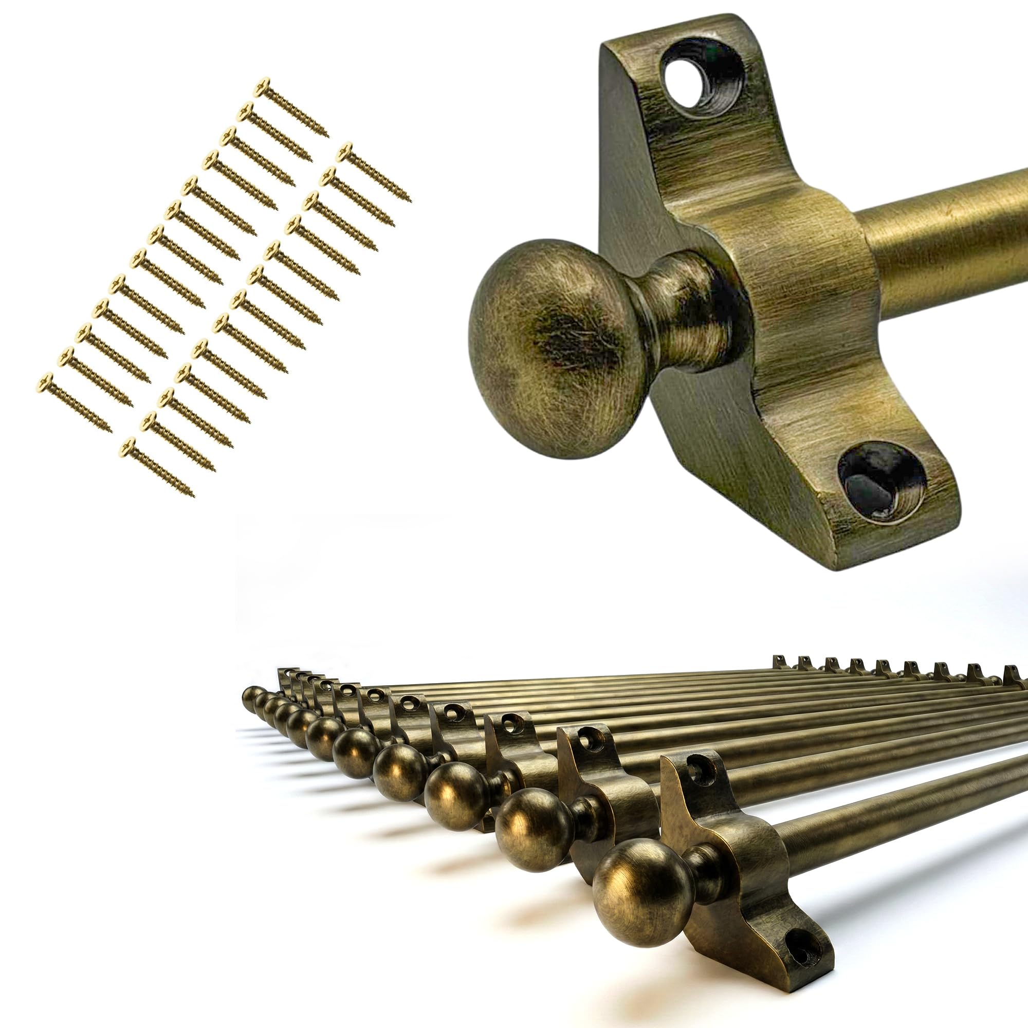 Set of 13, Stair Carpet Rods, Round Finials, Antique Brass Effect, Suitable for Carpet Runners Up to 70 Centimetre Wide. (Antique Brass)