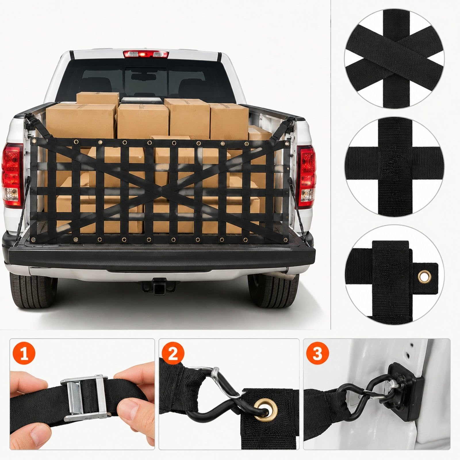Heckklappennetz für Pick-up mit verstellbarem Kreuzdesign für Ladefläche und Gepäckbereich