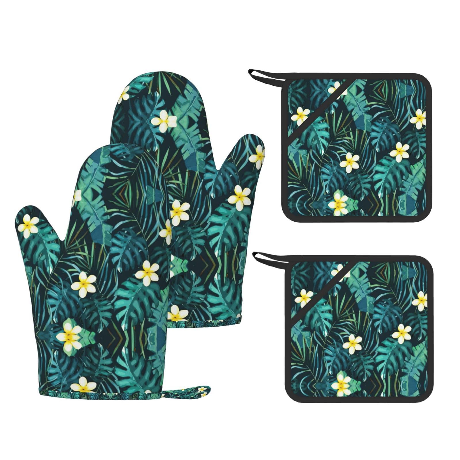 Hawaiian Fashion Printed Kitchen Kit with Heat Resistant Oven Mitts & Non-Slip Hot Pads for Baking