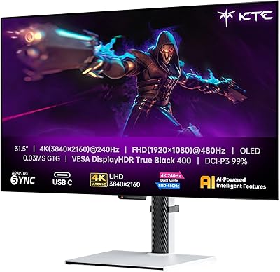 KTC 4K OLED Monitor 32 Pollici, Doppia modalità 4K@240Hz / 1080P@480HZ Gaming Monitor, Tempo di risposta 0,03 ms, FreeSync/G-Sync, HDR Ture Black 400, HDMI 2.1, DP 1.4, USB C 65 W, 3 x USB A 3.0, KVM