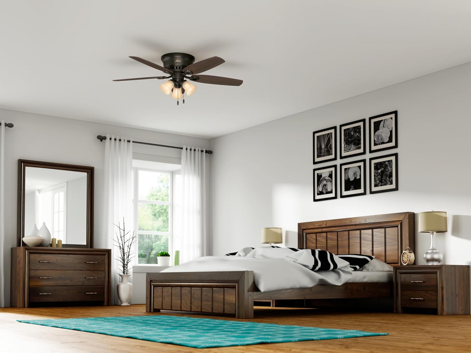 Hunter 52 inch Indoor Ceiling Fan with LED Lights - Bronze Ceiling Fan with Pull Chain, For Bedroom, Living Room, or Kitchen, Low Profile Mount, No Remote, 5 Blades - Builder 53327, New Bronze