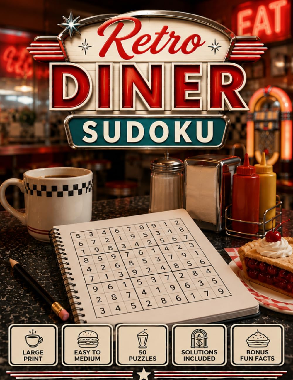 Retro Diner Sudoku: Large Print Easy to Medium Sudoku Puzzles with Cozy Retro Diner Fun Facts for Relaxing Screen-Free Entertainment (Lifestyle Escape Sudoku Series)