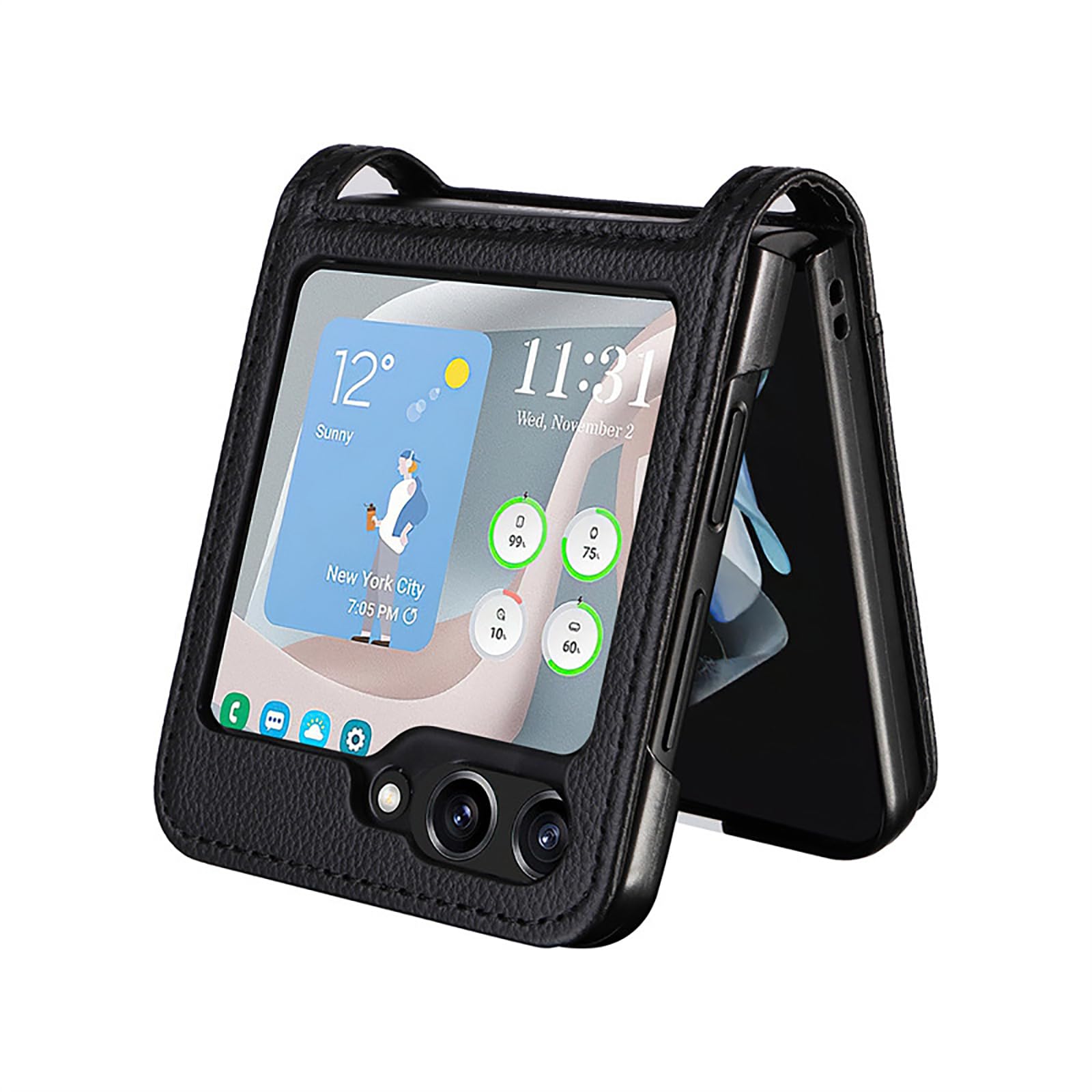 Smukłe etui do Samsung Galaxy Z Flip 6, minimalistyczny wzór liczi, jednoczęściowe skórzane etui z przegródką na karty, obsługa bezprzewodowego ładowania, jasnoniebieskie