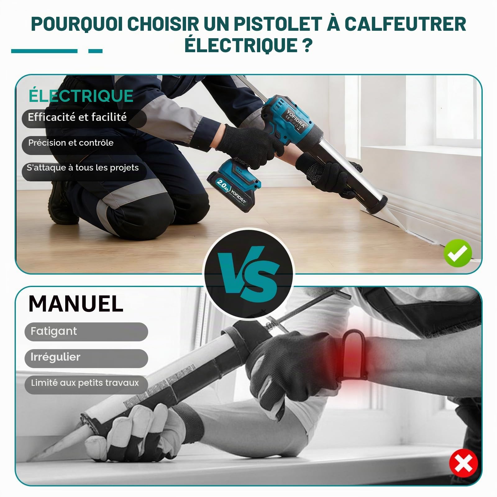 Pistolet à Silicone Électrique 600 kg 6 Vitesses Lumière LED 2 Batteries 2.0Ah 13 Accessoires 5 Buses 300ml