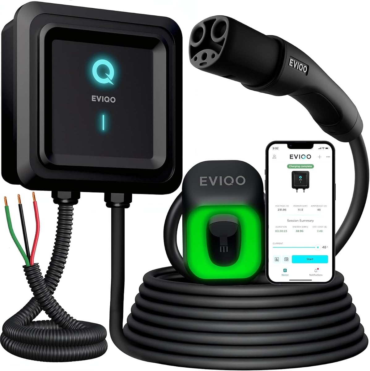 EVIQO NACS Charger for Tesla 48 Amp 240V Hardwired Level 2 EV Charger - Wall EV Charger Level 2, 7.6m Cable, WiFi (2.4 GHz) Smart App - Weatherproof, Outdoor (IP66,NEMA 4) UL, ETL Certified