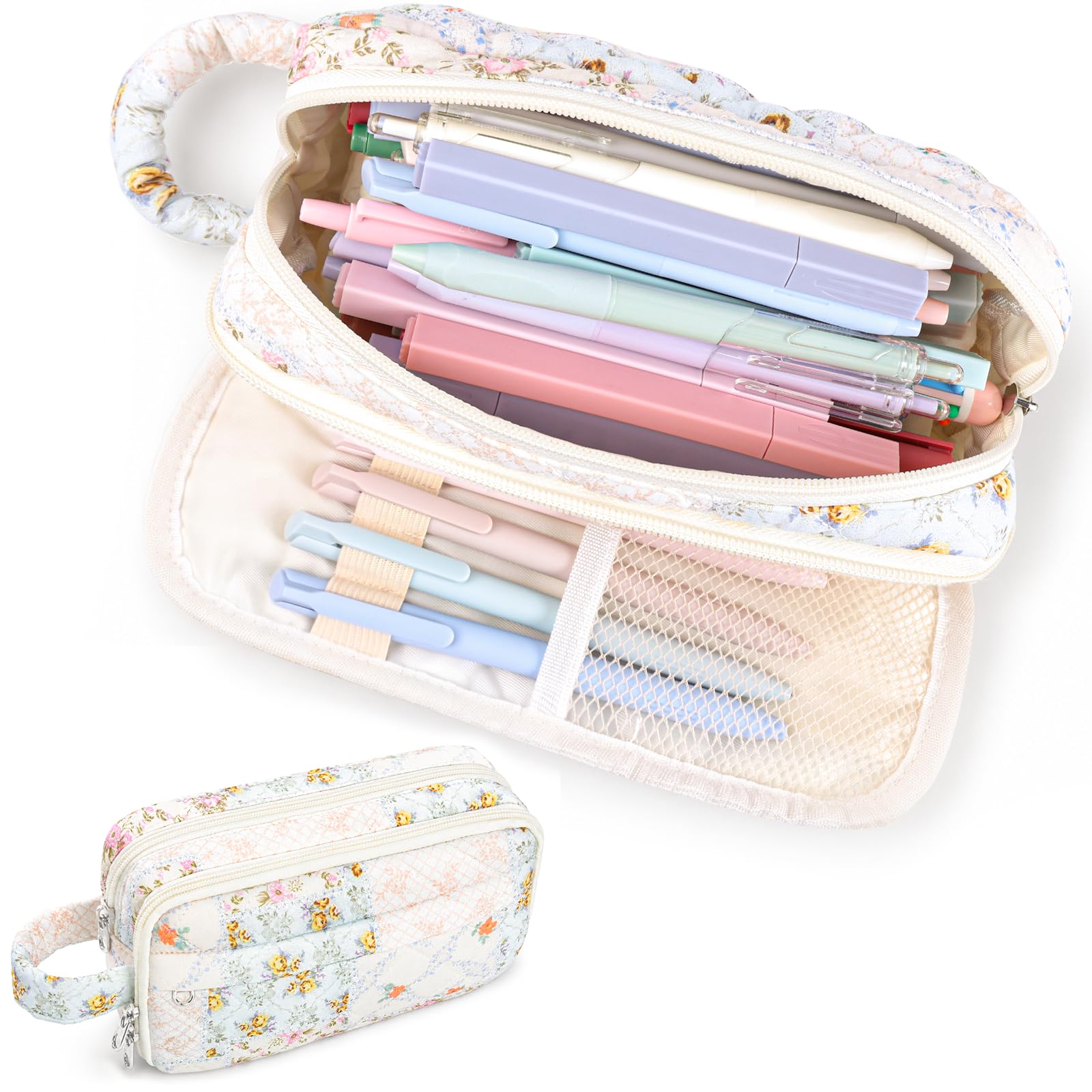 ZPARIK Quilted Pencil Case Pouch for Girls, Cute Aesthetic Pen Bag, Cream