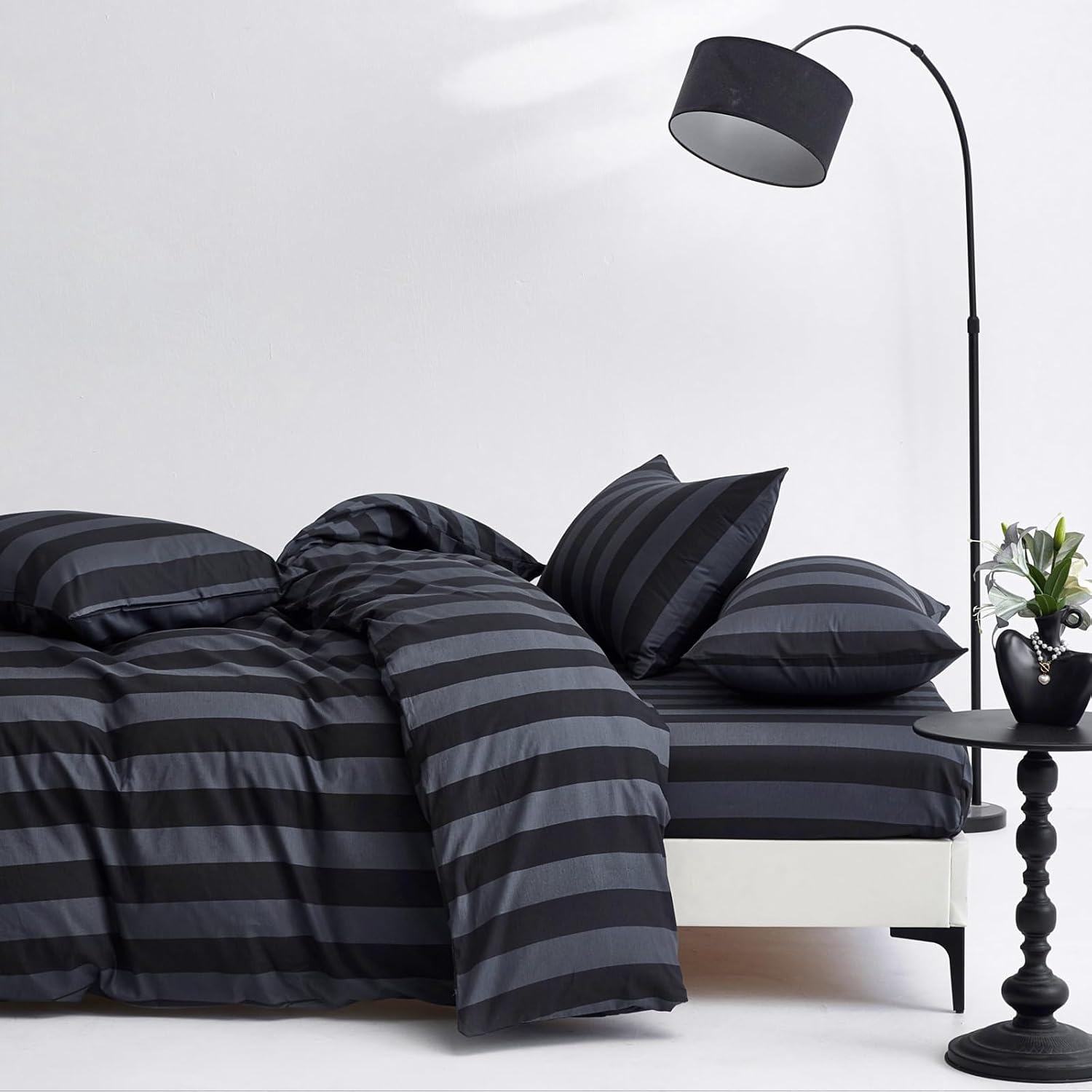 Black Dark Gray Stripe Duvet Cover Set Queen Size 100% Cotton Timeless Vertical Striped Bedding Set Soft Breathable Twill Weave Comforter Cover Modern Minimalist Bedroom Decor for All Seasons