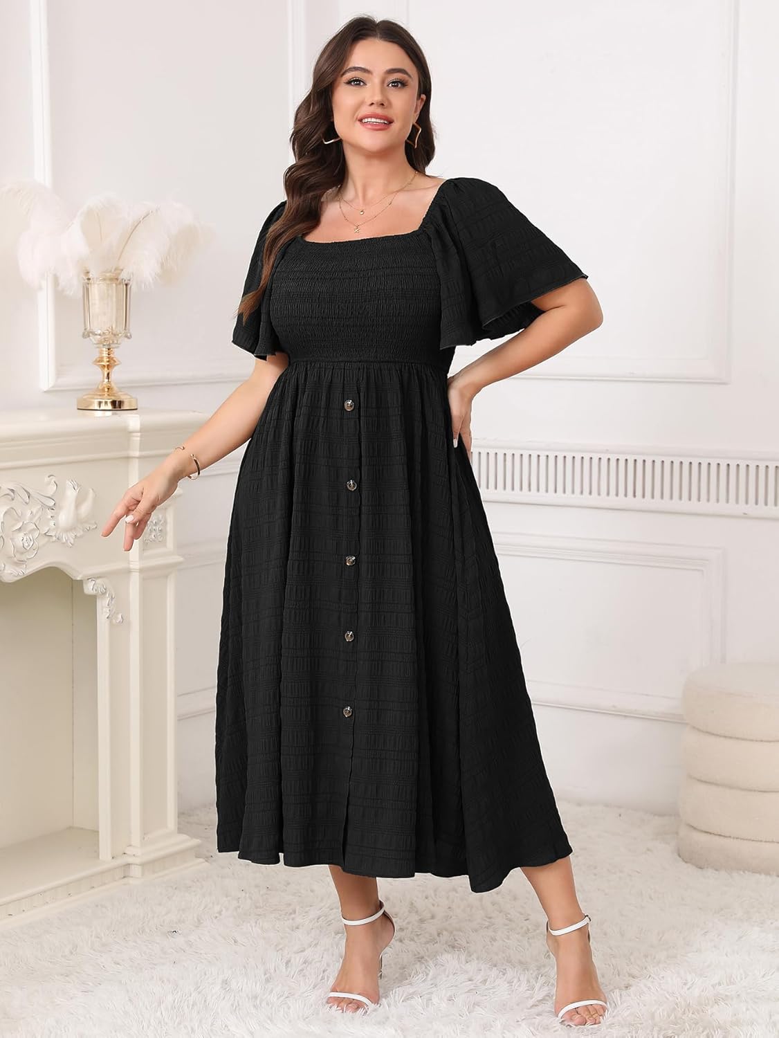 Plus Size Casual Maxi Boho Dress for Curvy Women Short Sleeve Square Neck Smocked Summer Beach Dresses Button Down - Image 5