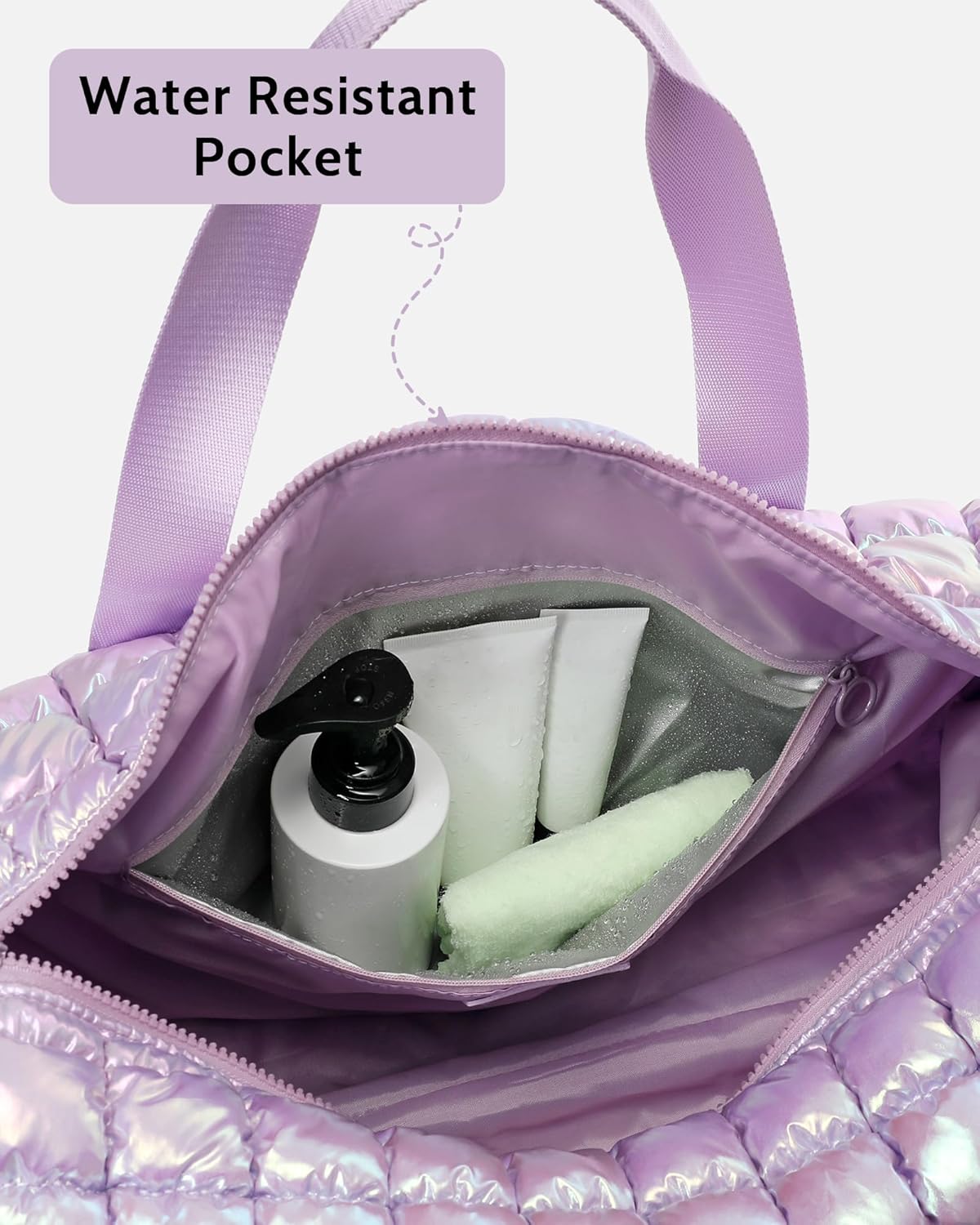 Quilted Duffel Bag for Women, Puffer Gym Duffle Bag with Shoe Compartment Lightweight Large Crossbody Sport Travel Bag Tote Purple Lilac - Image 6