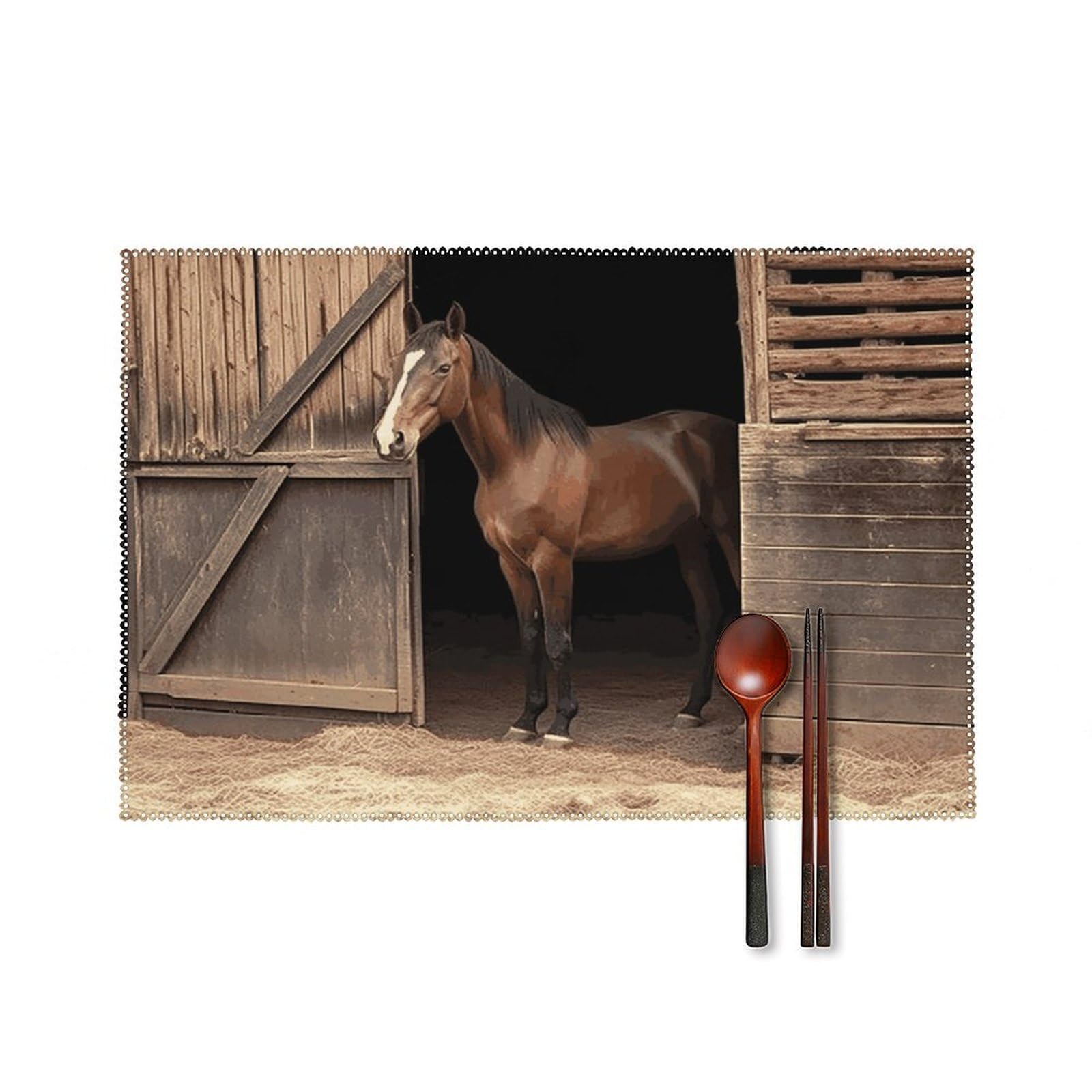 Barn Horse Placemats Set of 6 Heat Resistant Non-Slip Place Mats Washable Wipeable Table Mats Elegant Farmhouse Placemat for Kitchen Dining Outdoor Party Table Decor