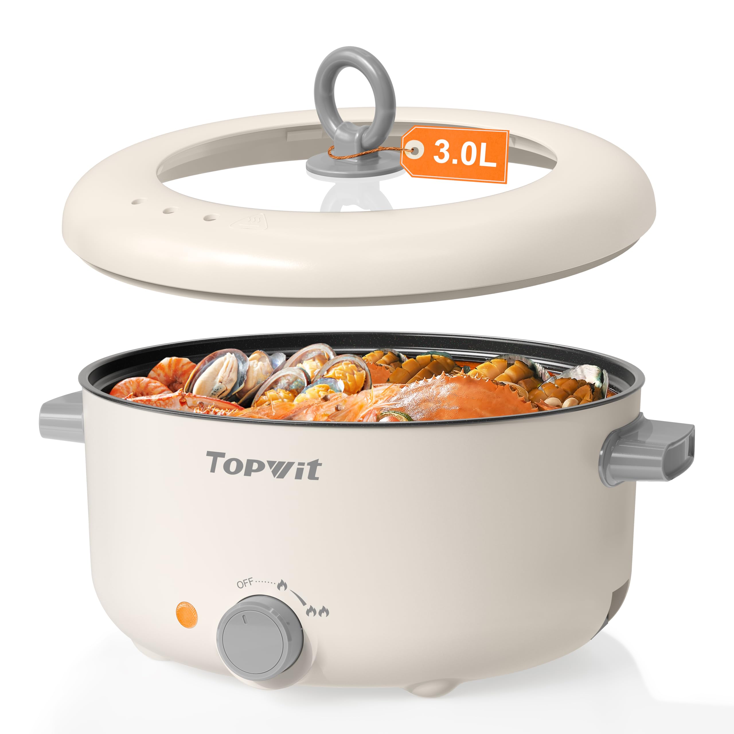 TOPWIT Electric Pot, 3L Hot Pot Electric, Rapid Noodles Cooker, Non-Stick Frying Pan, Multifunctional Electric Hot Pot for Steak, Egg, Ramen, Soup, Shabu Shabu Pot for Camping, RVs, Party, Beige