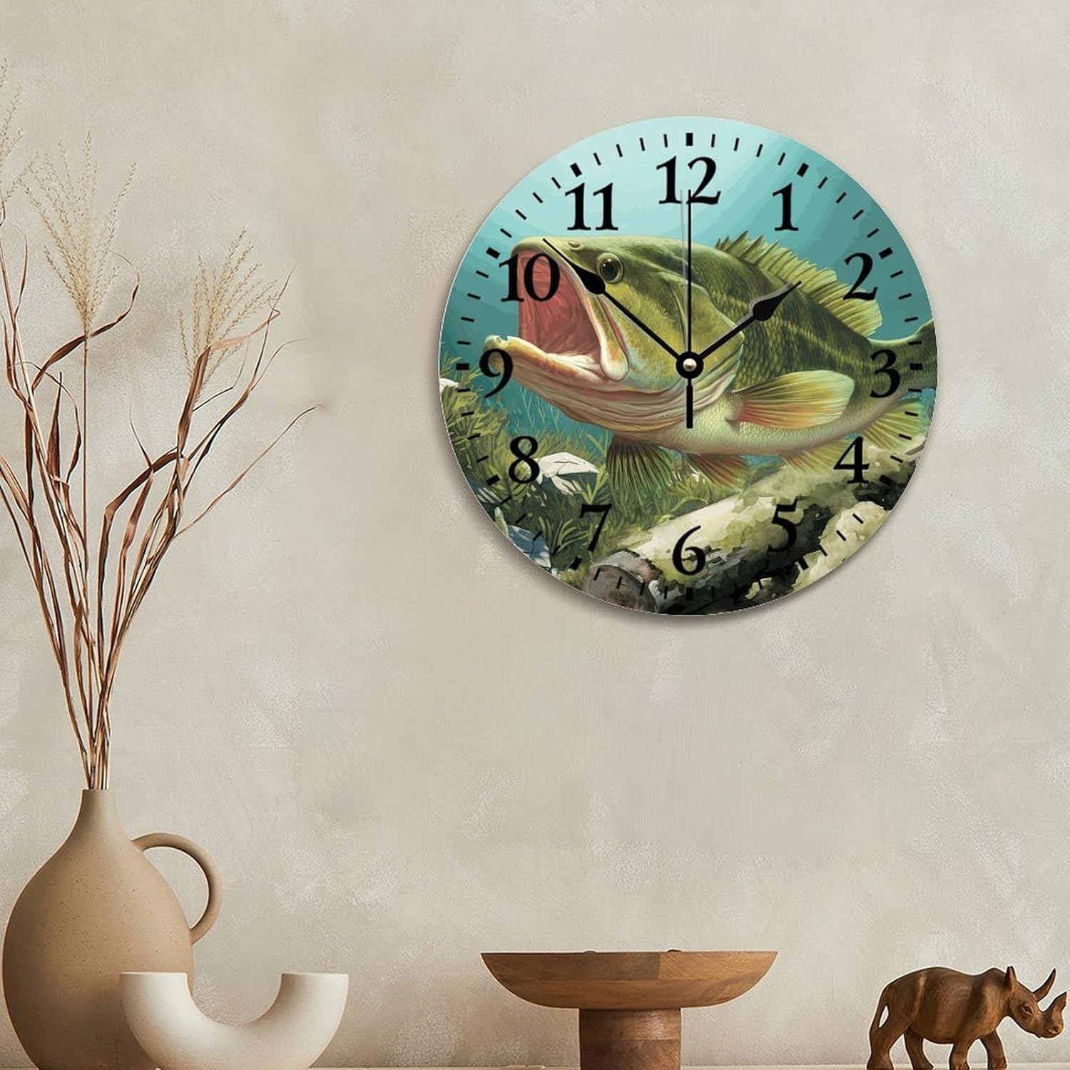 ArogGeld Bass Fish Wall Clock Vintage Fish 12 Inch Wooden Wall Clocks Battery Operated Silent Non-Ticking Modern Hanging Clock for Bedroom Living Room Farmhouse Wall Decor