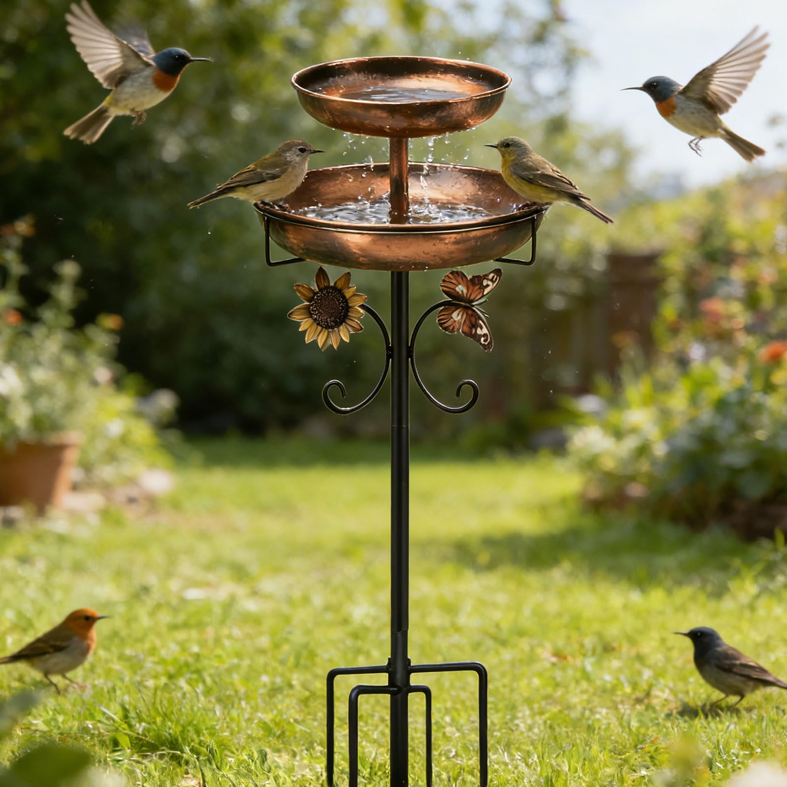 Lergas Bebedero para pájaros de pie, baño para pájaros para exterior, jardín, 2 en 1, de metal, bebedero para pájaros, bebedero para pájaros antiguos, resistente al invierno, para exteriores, balcón