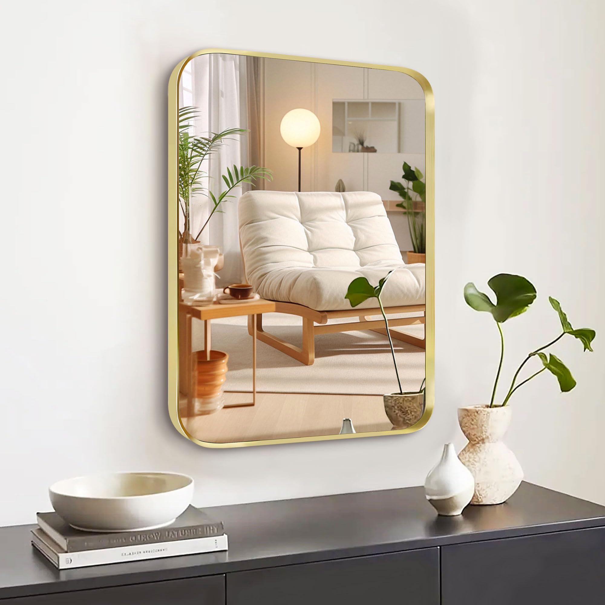 Miroir rectangulaire mural avec cadre en métal doré mat brossé avec coins arrondis, 30,5 x 40,6 cm, miroir de salle de bain pour salon ou chambre à coucher, vertical ou horizontal