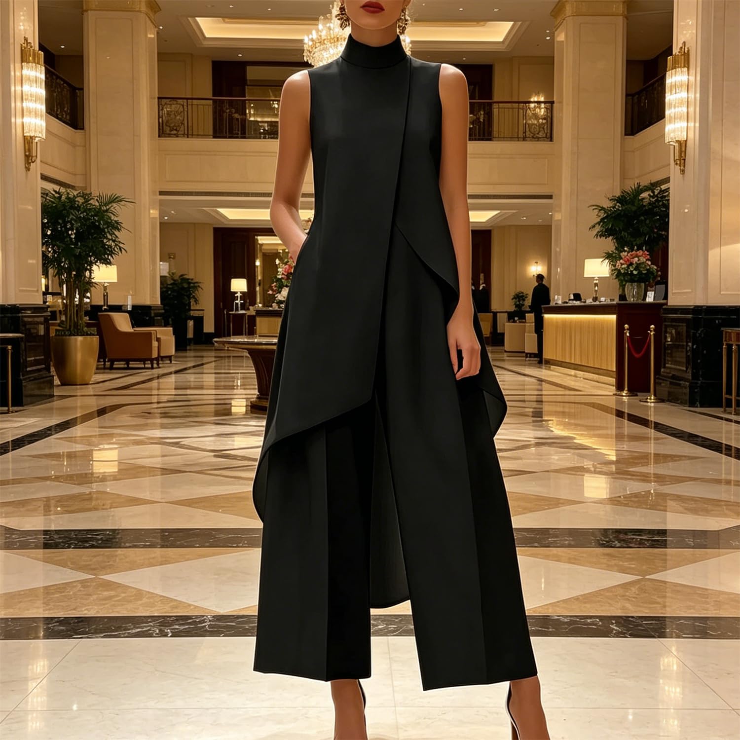 Generisch Elegantes Zweiteiler-Set für Damen: Ärmelloses Oberteil mit Stehkragen und asymmetrischem High-Low-Saum sowie weite Chiffon-Hose – Festlich & Formal