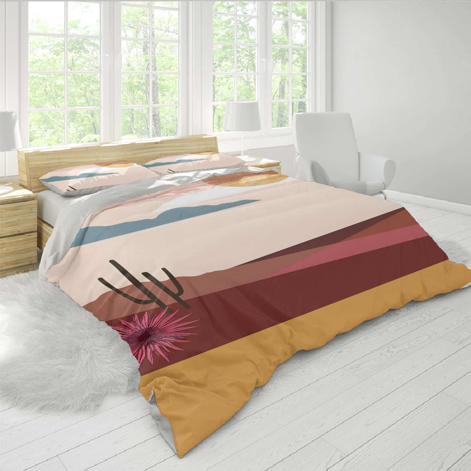 Tropikalne Rośliny Boho Mountain Line Poszwy na kołdry Kaktus Zestawy pościeli Rośliny Pustynne z zamkiem błyskawicznym i 2 poszewkami na poduszki 220x240cm