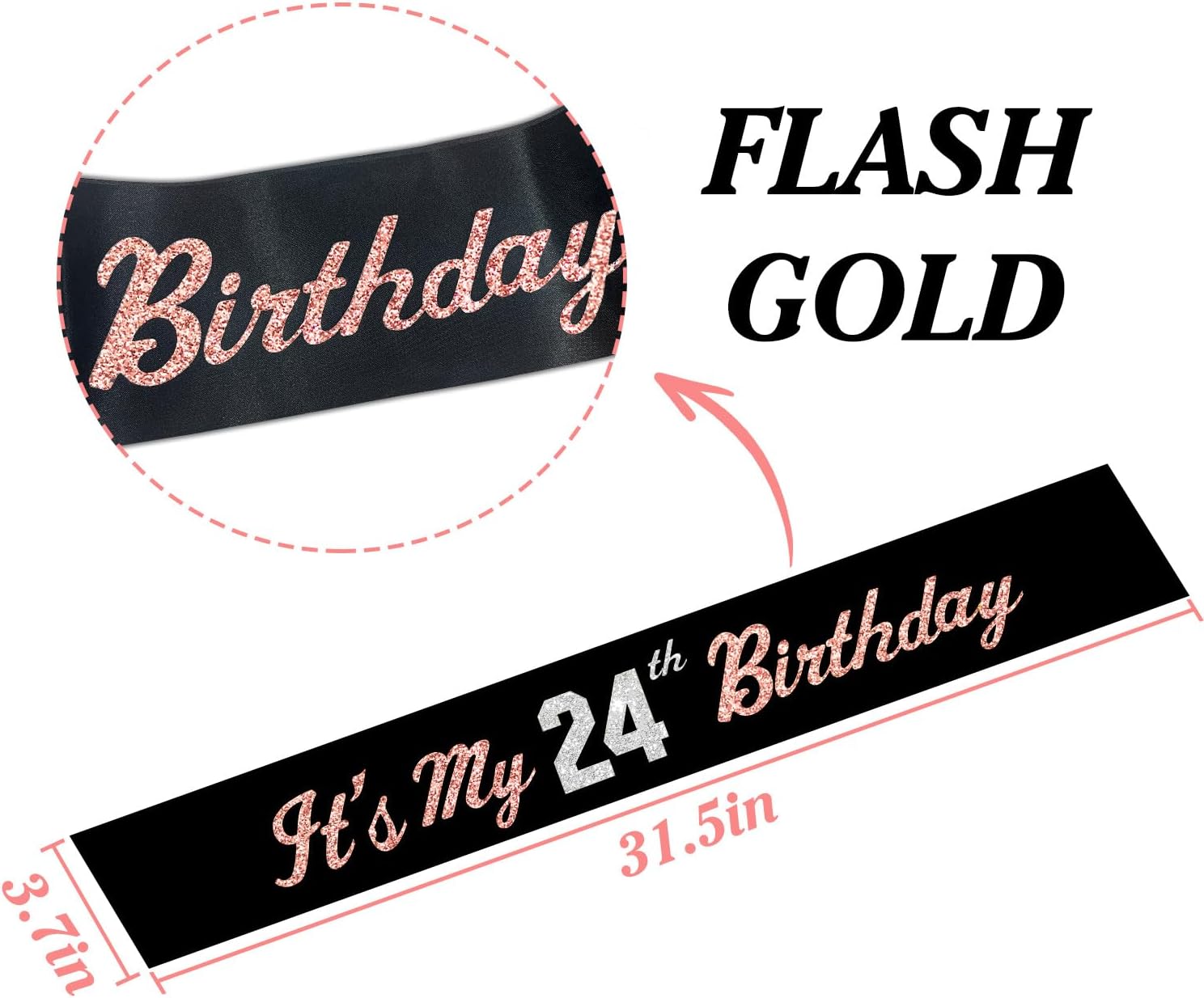 It’s My 24th Birthday Sash Silver Rose Gold Foil Black Satin 24th Years Old Birthday Sash Happy 24th Birthday Party Gift Decorations Favors for Women Men image 2