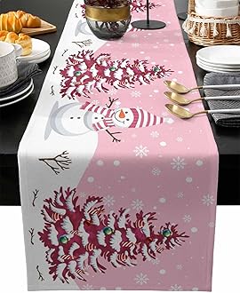 Christmas Table Runner - Cotton Linen 60 Inches, Snowman Rustic Pink Snowflake Bed Runner Dress Scarves, Farm Xmas Tablerunner for Dining/Holiday/Coffee Table 13" x 60"