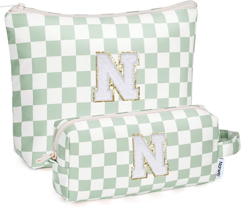 Narwey Necessaire de maquiagem com inicial, estampa xadrez ZZ-Mint Green Checkerboard, pacote com 2