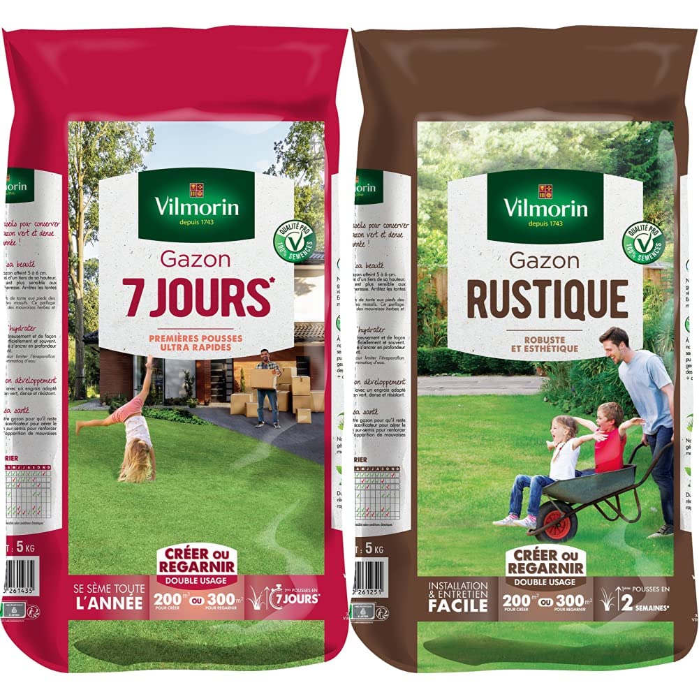 VILMORIN - Gazon 7 jours - Premières pousses dès 1 semaine - Pour créer un nouveau gazon/regarnir un gazon ancien - Installation ultra-rapide & 4460416 Gazon Rustique, Vert, 5 kg