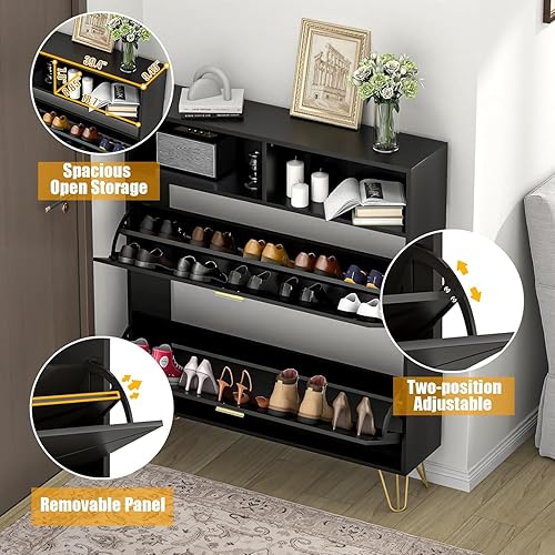 Vista 28 de JOZZBY Armario de zapatos para entrada, armario de almacenamiento de zapatos estrecho negro con 2 cajones abatibles y estantes abiertos, organizador