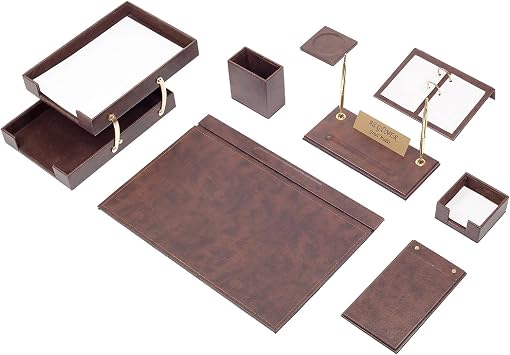 Brown Leather Desk Set - Desk Pad - Note Paper Holder -Pen Holder - Leather Coaster -Desk Accessories-Desk Organizer - Office Desk Accessories - Desktop Storage,Brown 10C