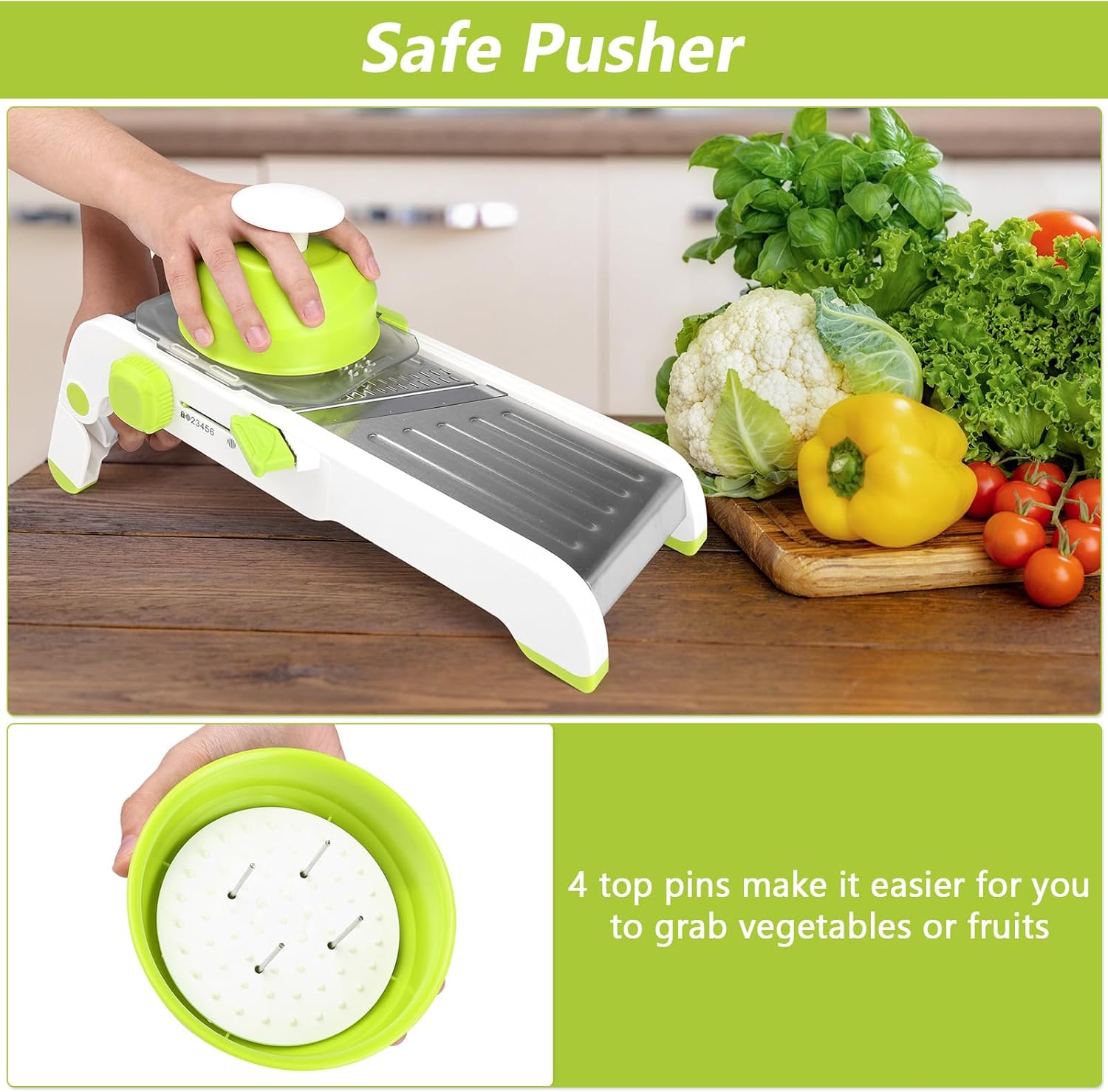 Mandoline Slicer for Kitchen, Adjustable Stainless Steel Mandoline Food Slicer, Onion Potato Cucumber Tomato Carrot Vegetable Fruit Slicer, Mandolin Veggie Cutter with Food Holder, Green