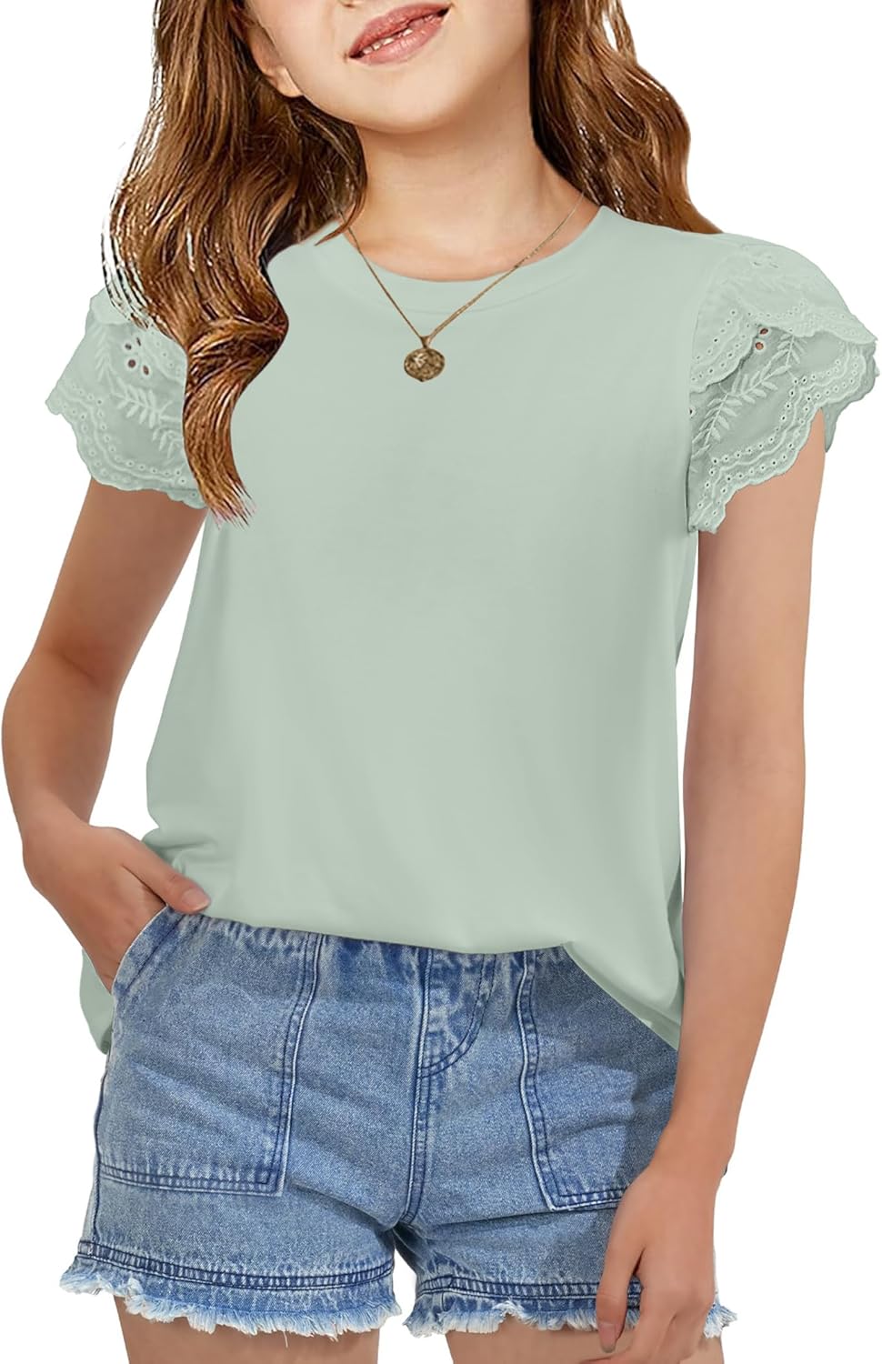 Arshiner Girls T Shirts Lace Petal Short Sleeves Kids Crewneck Casual Blouse Summer Tops Tees